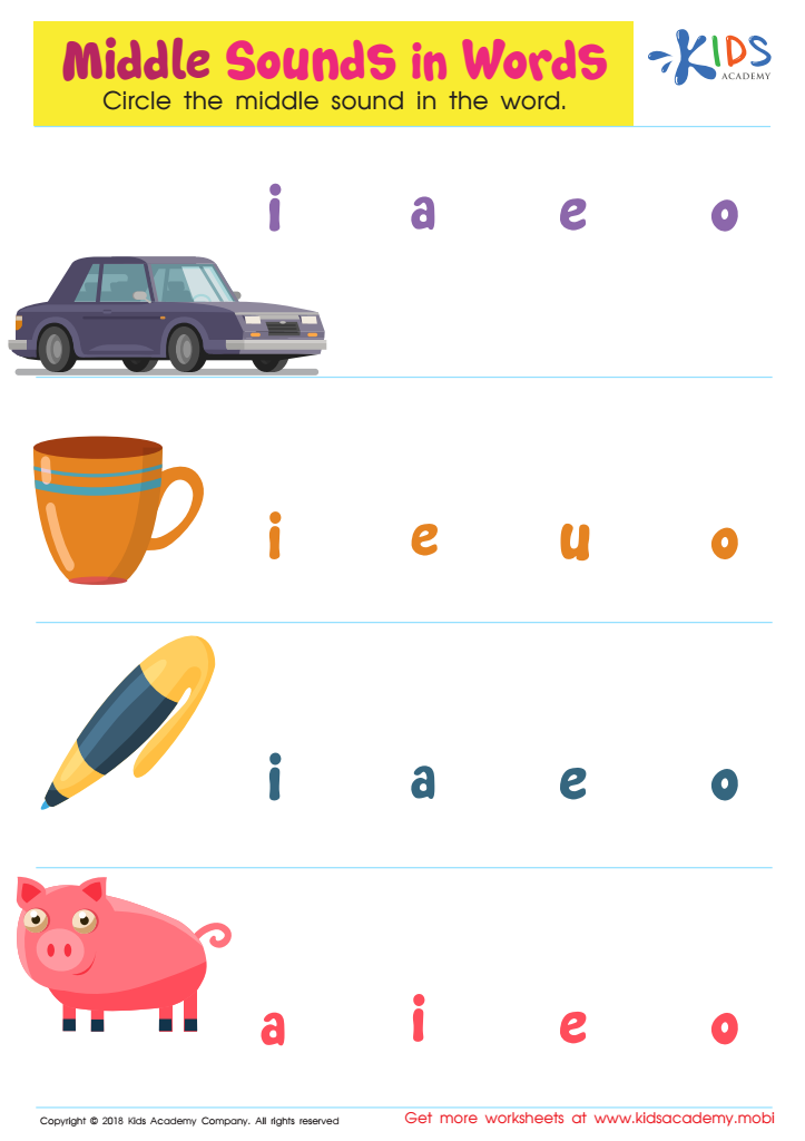 Middle Sounds in Words Worksheet: Free Printable PDF for Kids