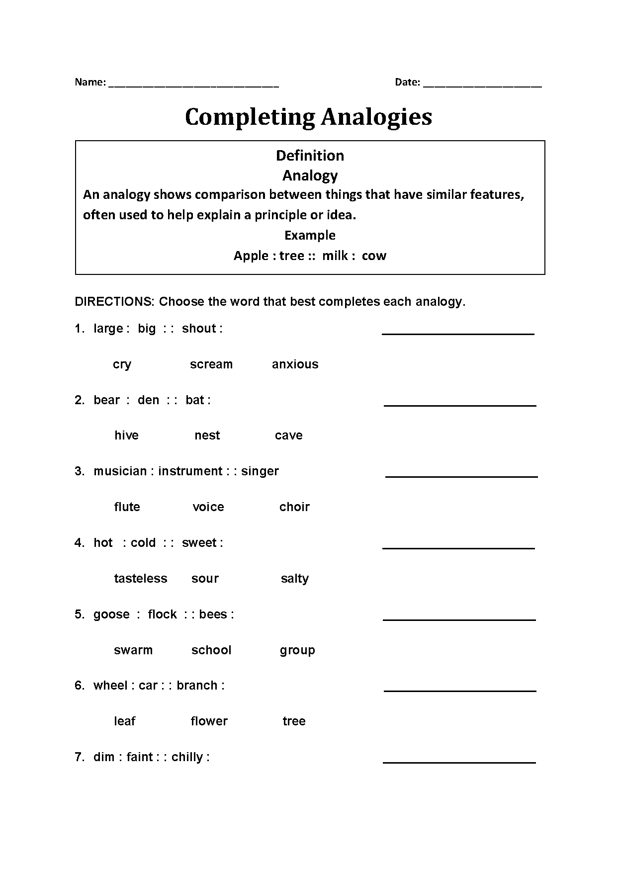middle school analogies worksheet