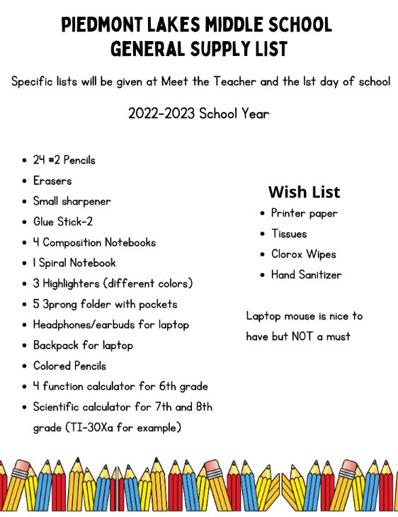 Supply List - Piedmont Lakes Ms