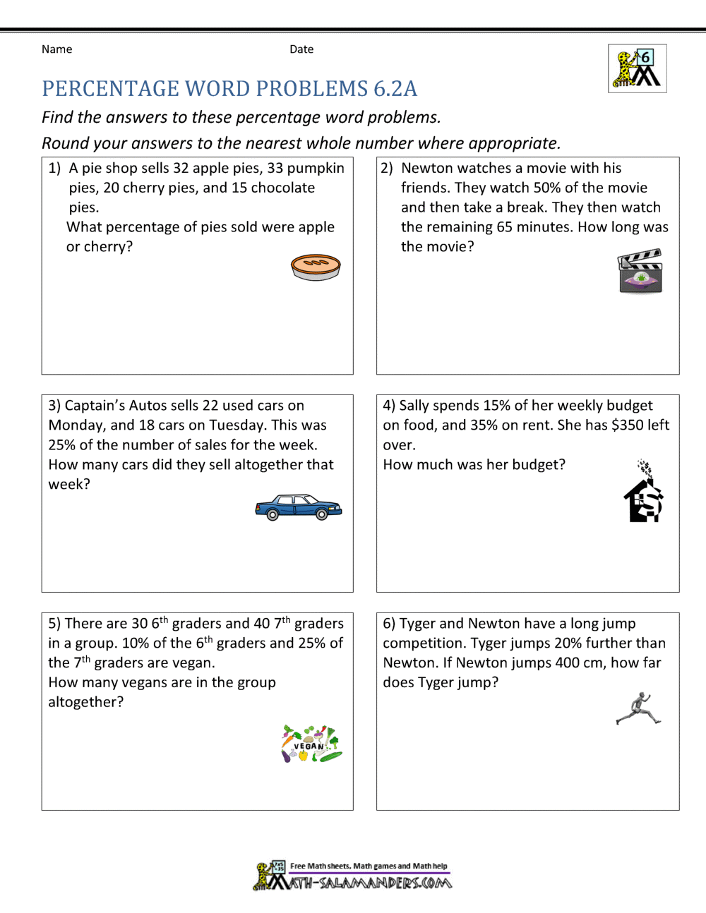 6th Grade Percent Word Problems