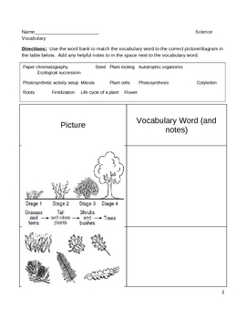 Middle School Science and Literacy Vocabulary Worksheet - Plants