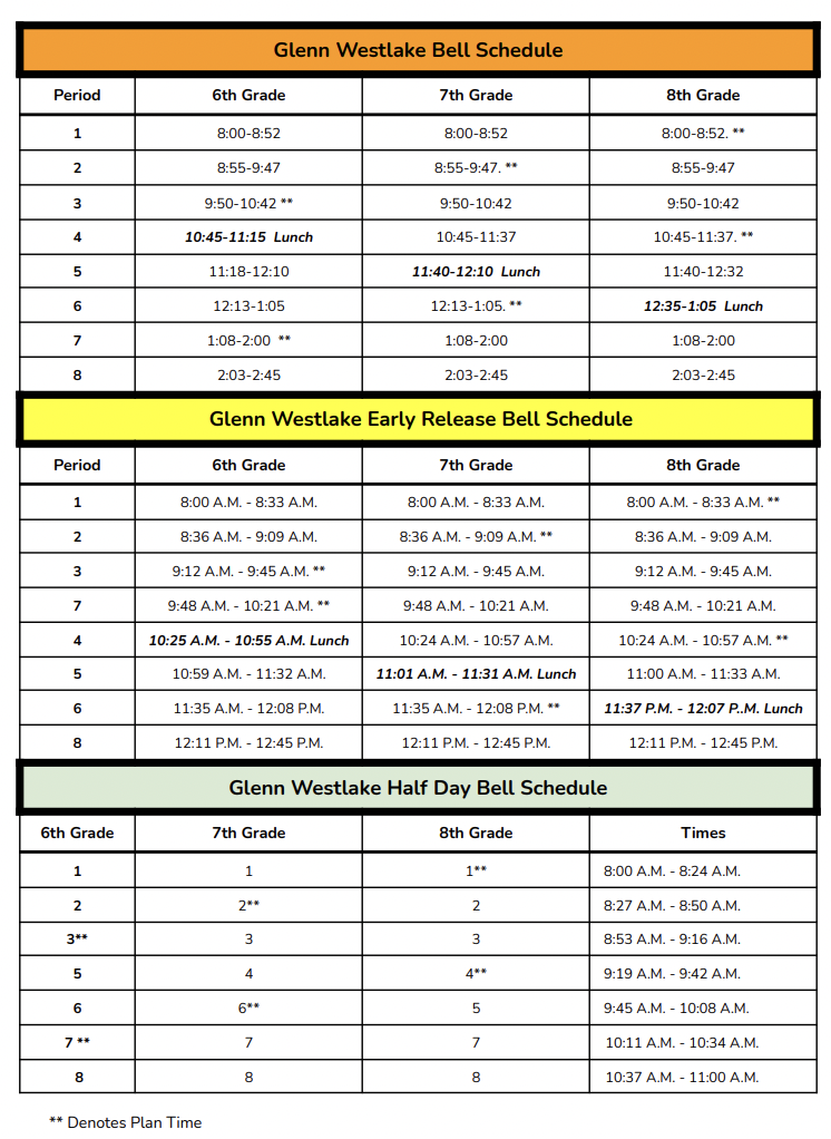 Bell Schedule - Students - Glenn Westlake Middle School