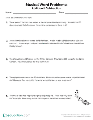 Musical Word Problems: Addition &  Subtraction | Worksheet ...