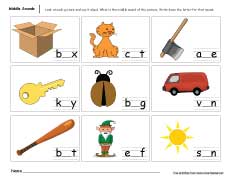 Middle sounds worksheets for preschool and kindergarten kids