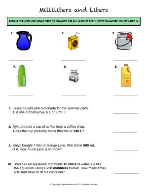milliliters and liters worksheet