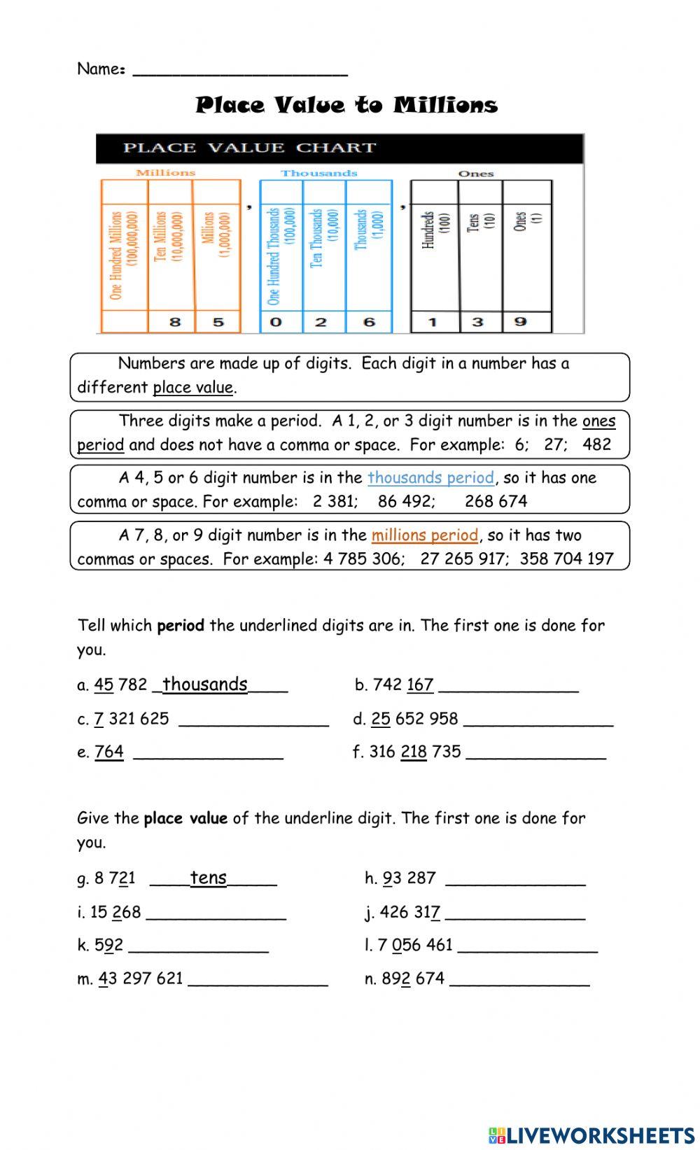 Place Value to Millions online activity  