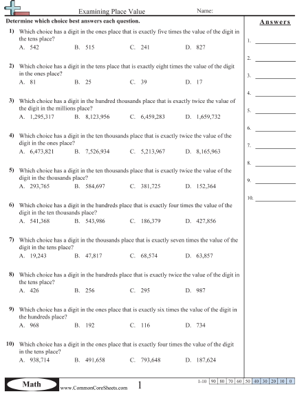 millions place value worksheet