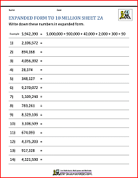 millions place value worksheet