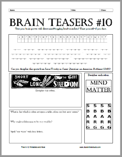Brain Teasers Worksheet No. 10 | Student Handouts