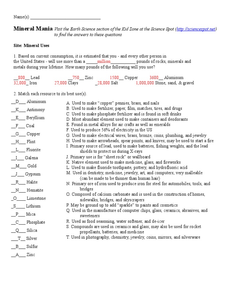 mineral mania worksheet answer key