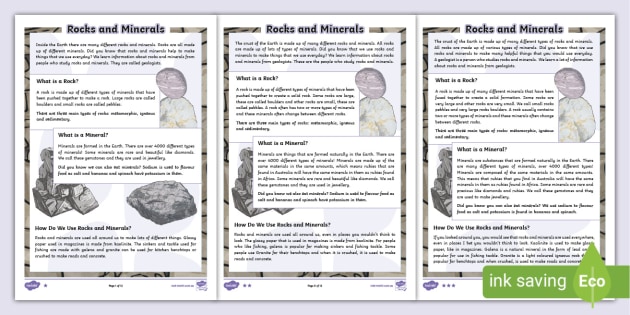 Minerals Reading Comprehension Worksheet PDF - Primary