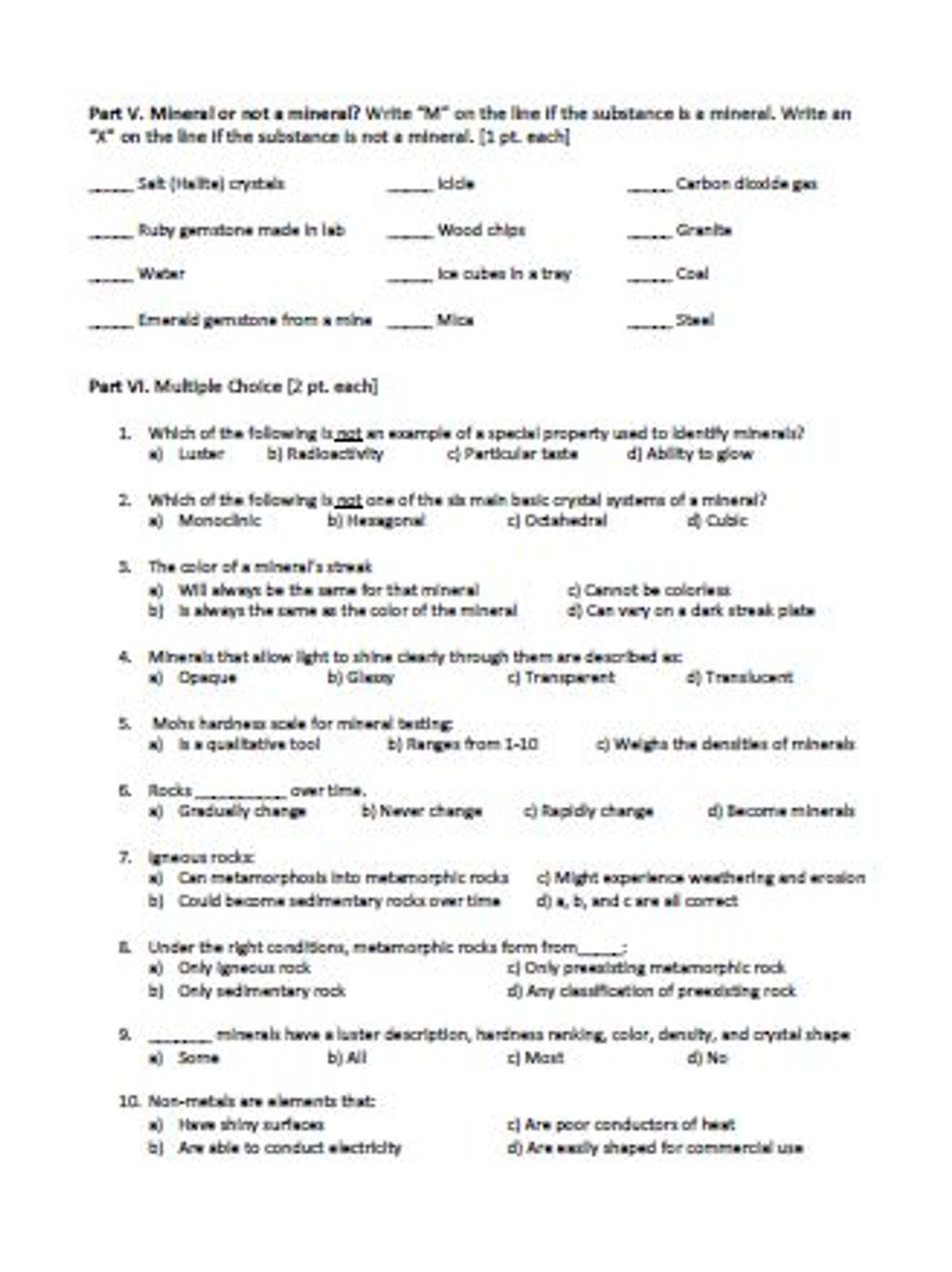 Minerals and Rocks Unit Test Series A and B for Middle School Science