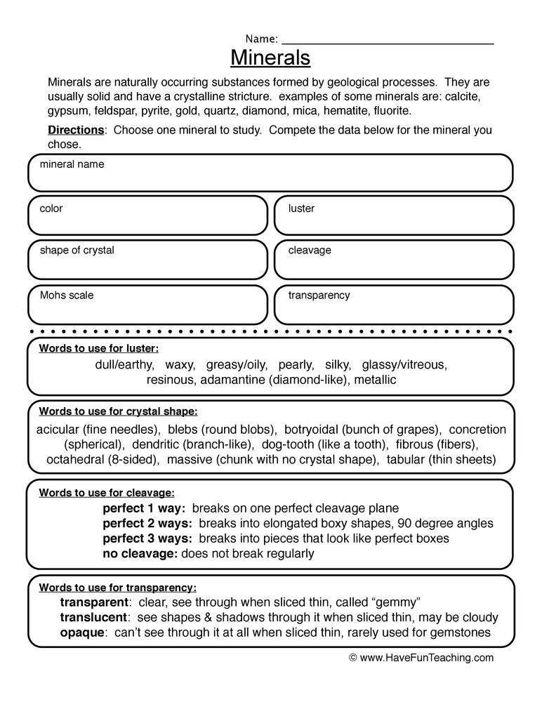 minerals worksheet pdf