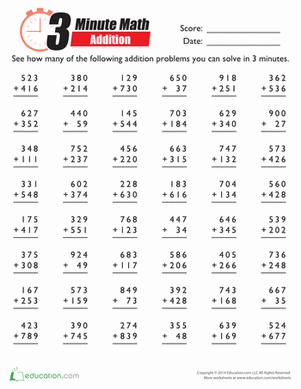 3-Minute Math Drill: Addition | Interactive Worksheet 