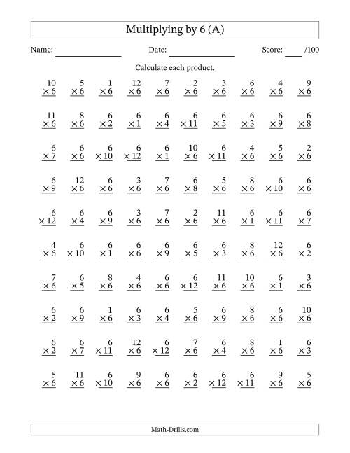 Multiplying (1 to 12) by 6 (100 Questions) (A)