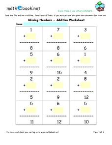 Missing Numbers Addition Lesson Plans &  Worksheets