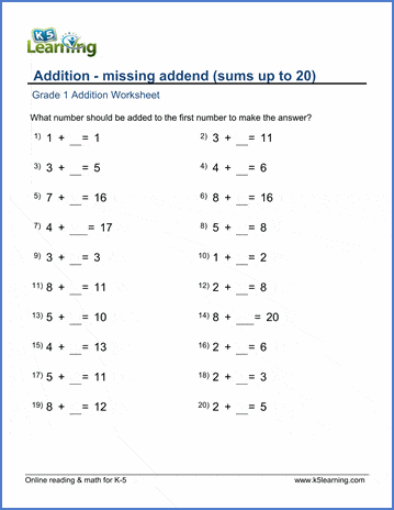 Grade 1 math worksheet -addition with missing addends, sums up to ...