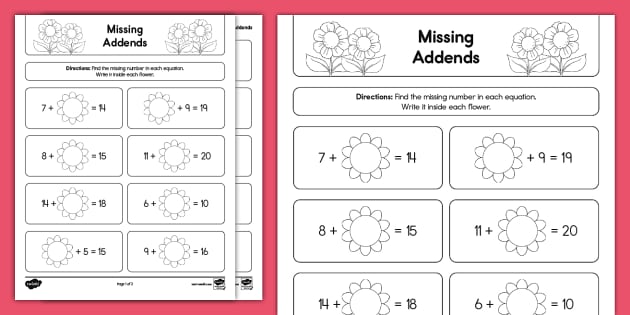 First Grade Spring Missing Addends to 20 Activity - Twinkl
