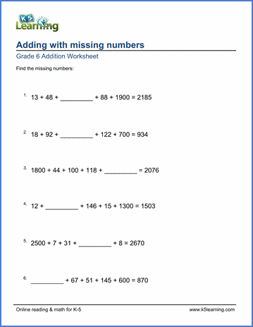 Grade 6 Addition Worksheets: Missing addend problems (5 terms ...