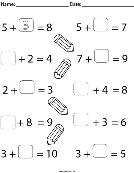 Missing Addends- Addition Math Worksheet - Twisty Noodle - Worksheets ...