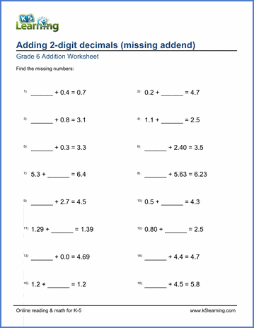 Grade 6 Math Worksheets: Adding decimals (missing addends) | Worsheets library...