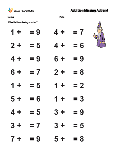 Printable Missing Addend Worksheet - Class Playground