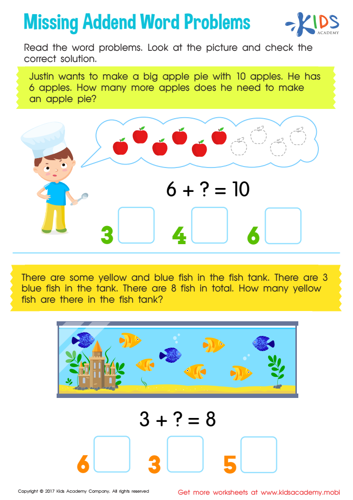 Missing Addend Word Problems Worksheet: Free Printout for Children