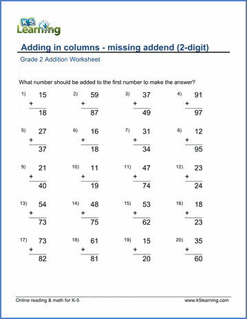 Adding two 2-digit numbers in columns, missing addend Worksheets ...