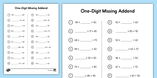 One-Digit Missing Addend Addition for 1st-2nd Grade - Twinkl ...