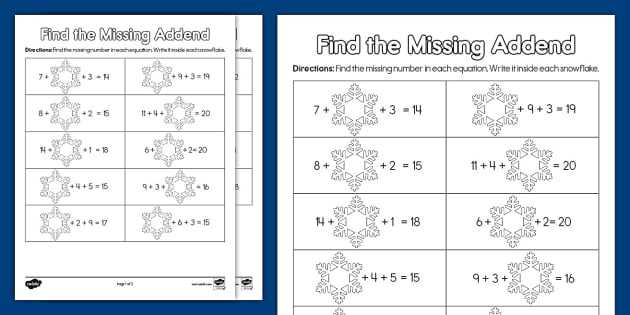 missing addend worksheet first grade