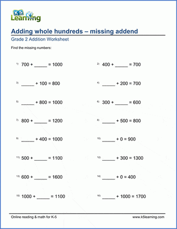Grade 2 Math Worksheets - Adding whole hundreds, missing addend ...