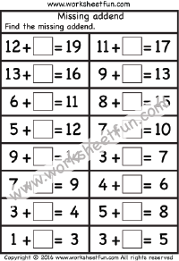 Missing Addend - Sums Within 20 - One Worksheet / FREE Printable ...