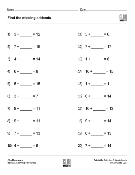 Find the Missing Addends Worksheet (Set 1) | Homeschool Books ...