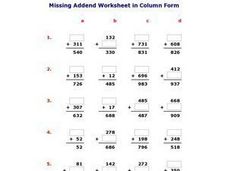 Missing Addend Worksheet in Column Form Worksheet for 3rd - 4th ...