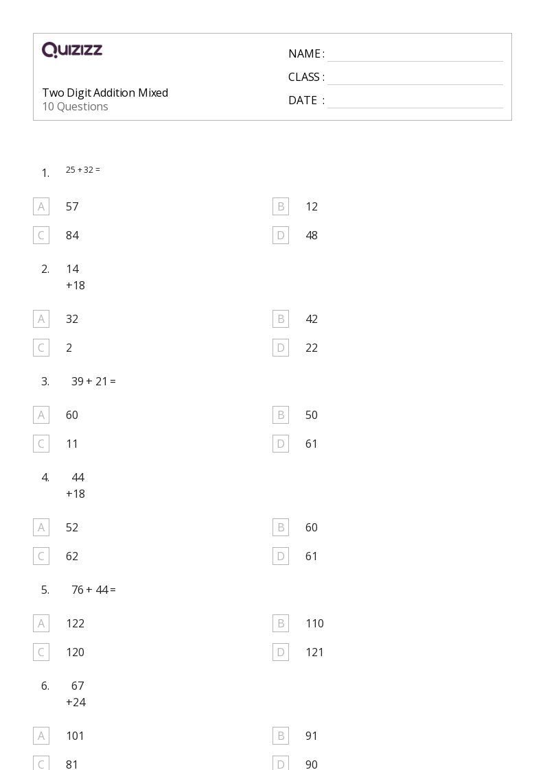 50+ Two-Digit Addition worksheets for 3rd Year on Quizizz | Free ...