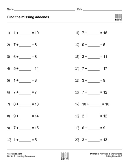 Find the Missing Addends Worksheet (Set 3) | Homeschool Books ...