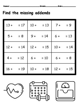 50 Missing Addends Worksheets upto Number 20, Fitness Theme