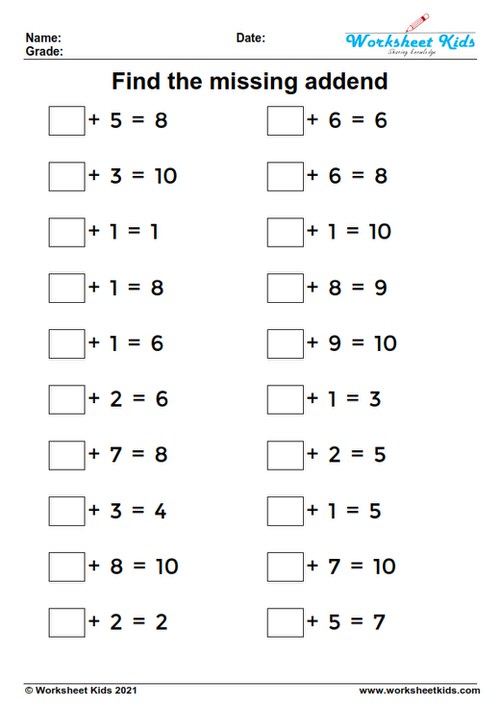 Missing addends worksheets for Grade 1, Grade 2 and Kindergarten ...