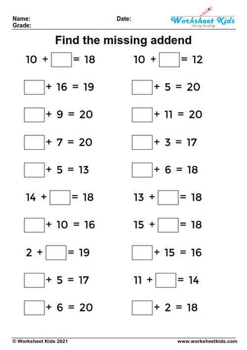 Missing addends worksheets for Grade 1, Grade 2 and Kindergarten ...