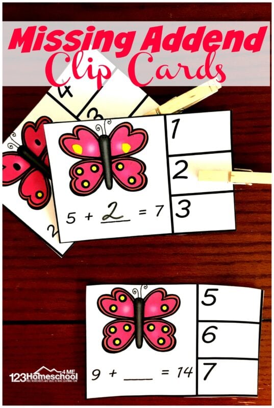 FREE Butterfly Missing Addend Clip Card Activity