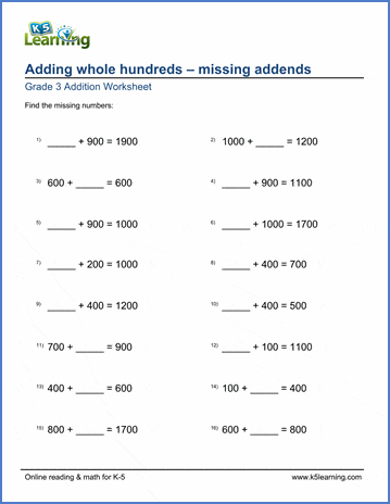 Grade 3 math worksheets: Adding whole hundreds - missing addend ...