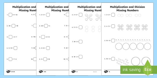 Missing Numbers Multiplication and Division Worksheets PDF