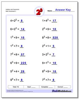 Exponents Worksheets: Addition with Exponents