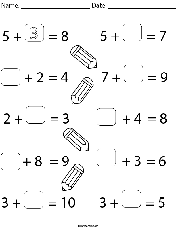 Missing Addends- Addition Math Worksheet - Twisty Noodle