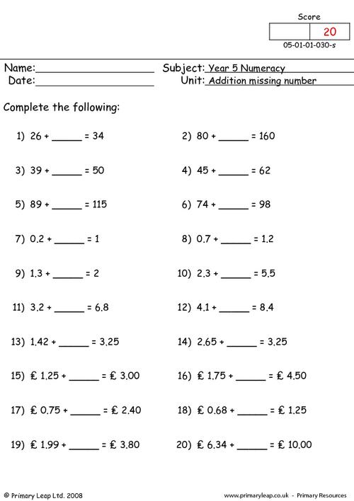 Numeracy: Addition missing numbers | Worksheet | PrimaryLeap.co.uk