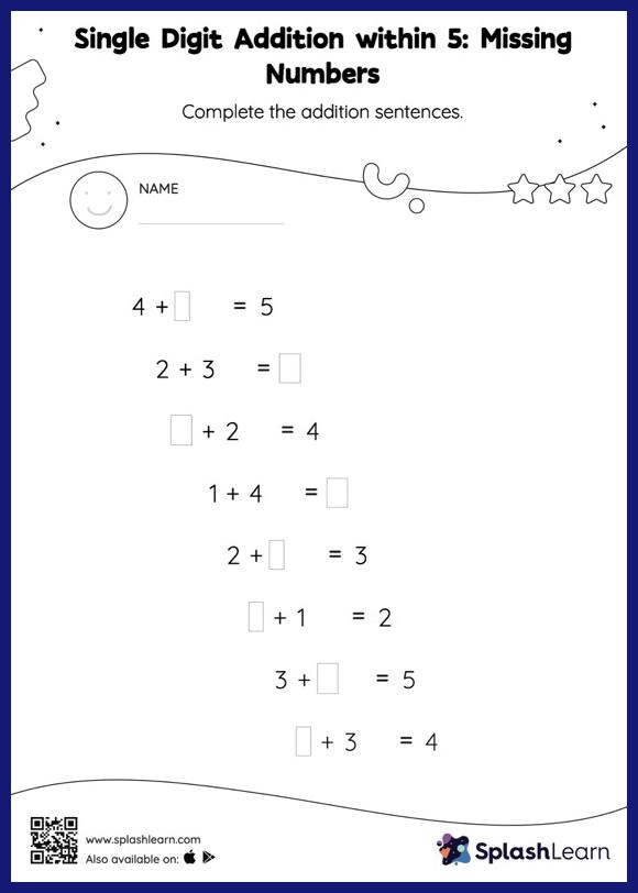 Single Digit Addition within 5: Missing Numbers - Math Worksheets ...