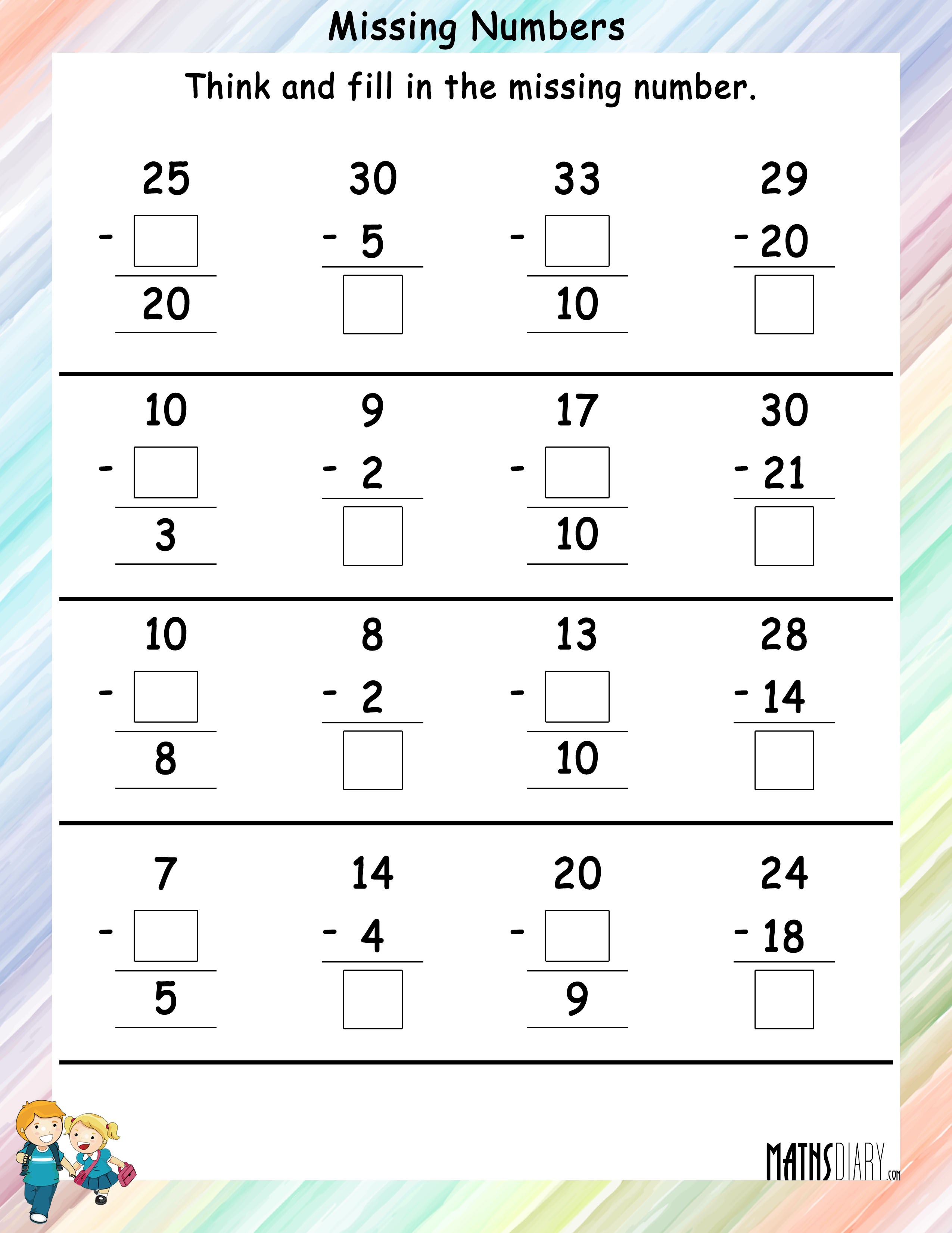Fill the missing numbers - Math Worksheets - MathsDiary.com