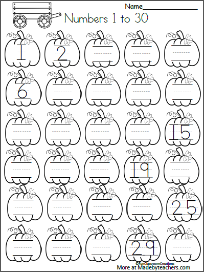 Fall November Math Worksheets for Kindergarten - Numbers 1 to 30 ...