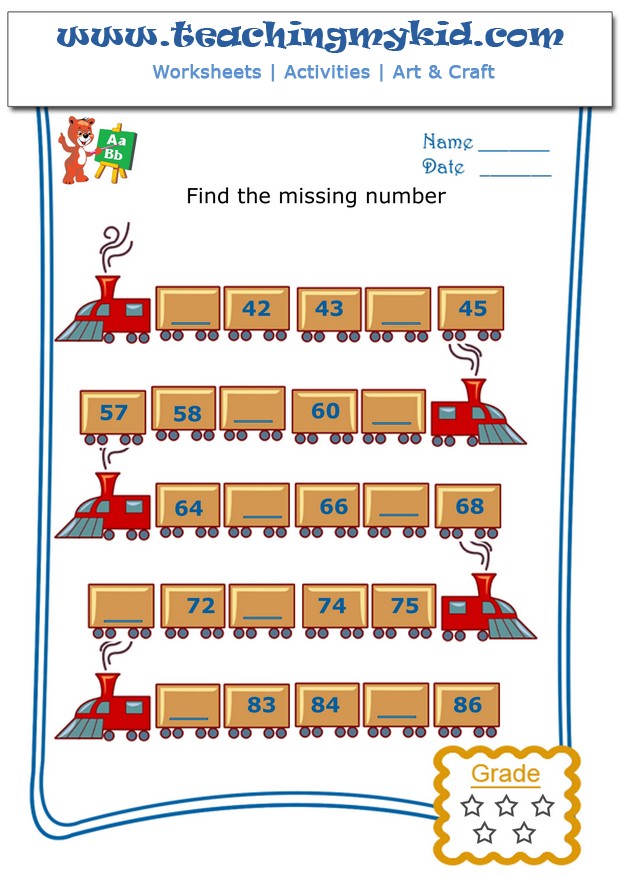 Kids math worksheets - Write the missing number - 3 - 5
