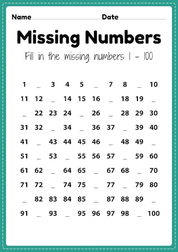 Premium Vector | Maths worksheets missing numbers 1 to 100 ...